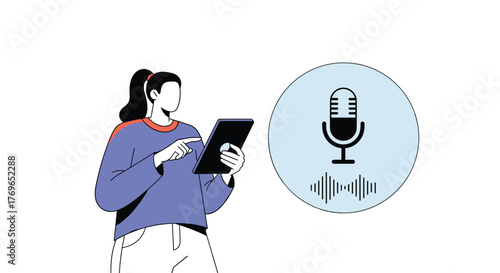 Woman Using Voice Assistant on Tablet for Communication and Productivity - Modern Worker Engaging with Voice Technology for Business, Education, and Healthcare Applications in a Professional Environme