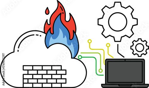 Cloud Firewall Cyber Security Protecting Data from Online Threats via Laptop: Network Defense, Web Protection, Cybersecurity, Data Safety, Digital Security, IT Solutions, in Minimalist Graphic Style f