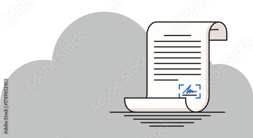 Signed Document Illustration on Cloud Computing Network for Secure Electronic Transactions and Digital Business Agreements, Contract Management in a Modern Tech Environment (Gray, White, Blue)