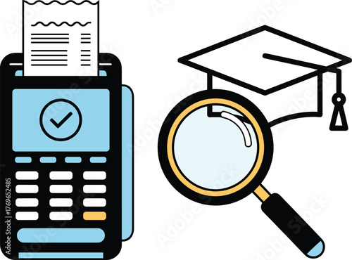 Education Expenses Audit Concept: Financial Transaction Receipt Analyzed with Magnifying Glass Under Graduation Cap for College Funding on White Background Illustrating Student Finance, Scholarship Re