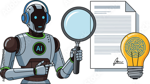 Artificial Intelligence Robot Analyzing Document with Magnifying Glass & Idea Lightbulb, Digital Transformation in Modern Technology, Business Automation Solutions, Data Analysis, Innovation Concept I