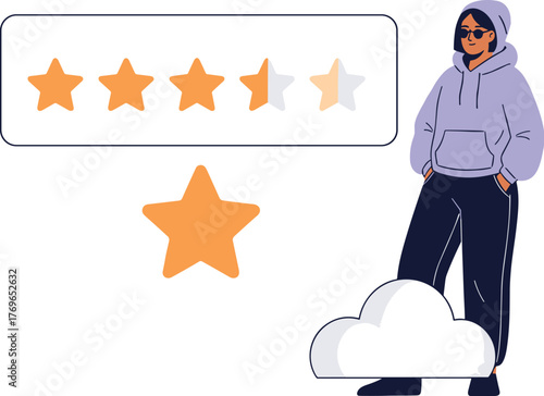 Woman Giving Online Review Standing Near Cloud Server with 4.5 Stars Rating for E-commerce Shopping Experience in Modern Illustration Style for Business Presentation, Web Design & Marketing (Feedback,
