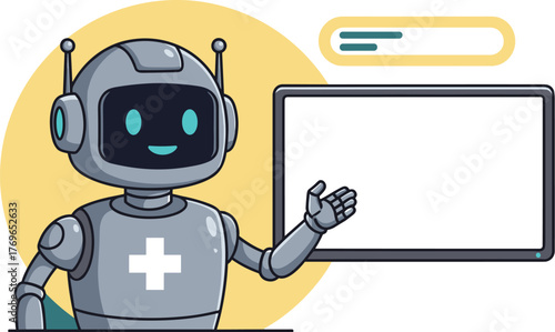 Friendly Medical Robot Presenting Healthcare Information on Screen, Offering Assistance with Modern Technology, in a Clean, Professional Setting with a Yellow Accent, Ideal for Telemedicine, Presentat