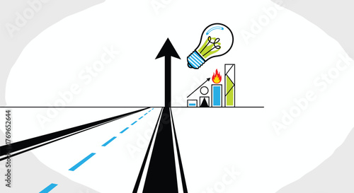 Road to Success and Business Growth, Chart Sparking Idea Lightbulb, Path to Innovation and Strategy: A Conceptual Illustration of Forward Progress, Investment, and Goal Achievement in a Modern, Profes