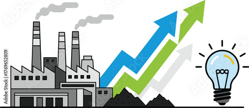 Industrial Factory Complex Achieving Growth with Innovative Solutions, Depicting Sustainability and Environmental Awareness for Business Success, Presentation Ready Illustration with Upward Arrows Sho