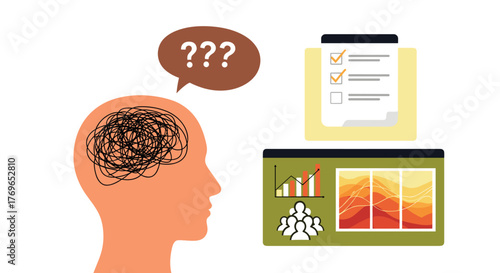 Overwhelmed Professional Considering Business Strategy: Anxious Mind Facing Task Prioritization, Analyzing Data Charts & Team Dynamics in Modern Office Setting, Illustrating Problem Solving & Decision