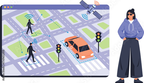 Autonomous Vehicle Navigation on Digital Map with Pedestrian Detection for Smart City Planning & Traffic Management, Showcasing Urban Mobility Technology & Safety Systems, Used in Presentations, Moder