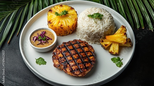 Grilled Caribbean Jerk Chicken with Pineapple and Rice Served