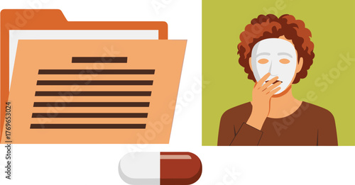 Mental Health Records and Therapy: Person Hiding Behind Mask Seeking Treatment for Psychological Issues in Clinical Setting, Illustrating Depression and Anxiety Treatment Options, Counseling, Psychoth