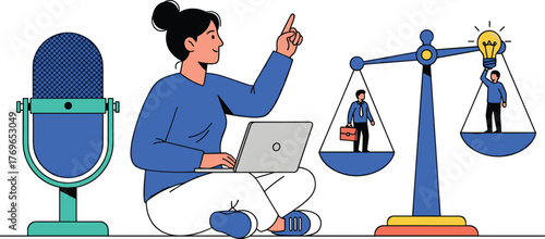 Modern Business Woman Podcasting from Home, Balancing Work and Ideas, Conceptual Illustration for Entrepreneurs in a Digital Marketing Strategy Presentation, Featuring Flat Design Style, Bright Colors