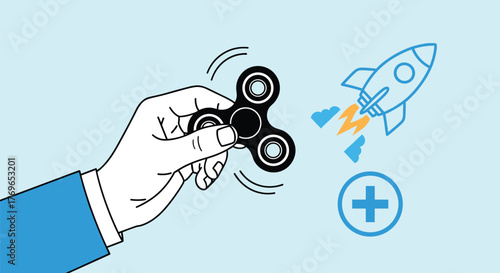Hand Spinning Fidget Spinner Towards Rocket Launch for Innovation: Concept of Speed, Momentum & Business Growth in Modern Technology Industry - Presentation Graphic, Start-up Marketing Material, Brigh