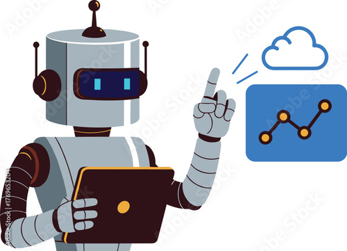 Futuristic Robot Analyzing Cloud Data Trends with Tablet: AI-Powered Business Intelligence for Modern Technology, Machine Learning, and Automation Solutions in Finance and Marketing, Professional Pres