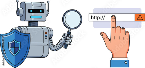 Cybersecurity Robot Inspecting Online Website with Magnifying Glass, Protecting Against Phishing and Internet Security Threats, Digital Fraud Prevention,  Technology Safeguard, E-commerce Safety, Onli