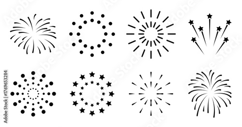 Fireworks icon set. New Year's decorations with a transparent background. Vector illustration.