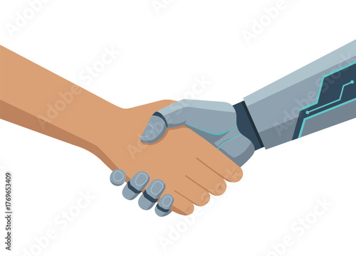 Human and Robot Handshake, Symbol of AI Collaboration and Technology Partnership, Vector Illustration