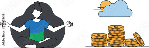 Woman Meditating for Financial Wellbeing: Mindfulness and Money Management in Business & Finance, Promoting Mental Health and Calmness for Investment Success, Cartoon Illustration Style for Presentati