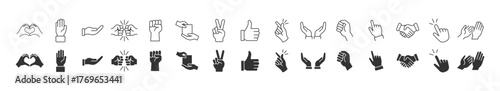 Hand thin icon set. Hands, gesture icon. . Contains such icons as handshake, clapping hands, horns, thumb up finger, helping hand, heart, fingers crossed, fist, dire etc, vector illustration 