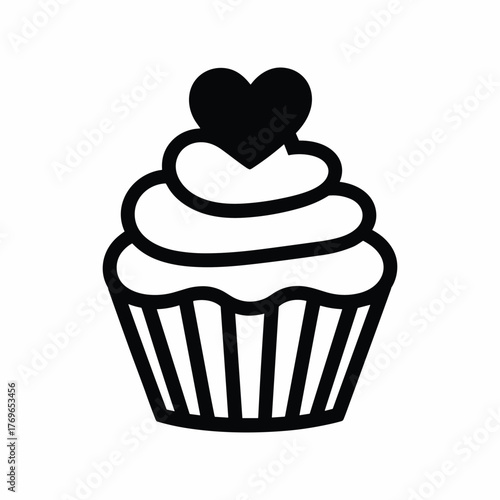 Black and white line art illustration of a cupcake with swirled frosting and a heart on top dessert sweet.