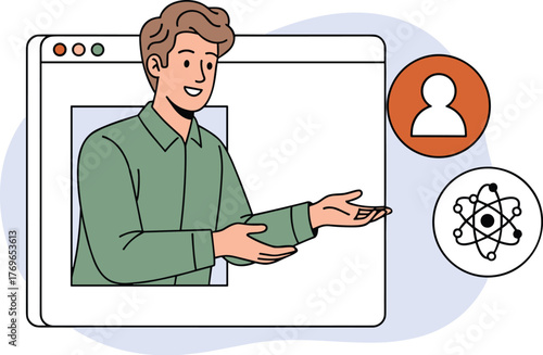 Online Educator Presenting Science Lesson on Website Interface, Illustrating Chemistry Concepts with Atom Model, Enhancing E-learning Experience for Students, Promoting Virtual Education and Knowledge