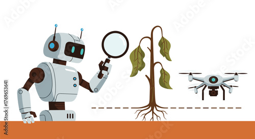 Robot Inspecting Diseased Plant with Drone Surveillance in Agricultural Field,  Analyzing Crop Health and Growth,  Sustainable Farming Technology for Modern Agriculture,  Cartoon Illustration for Scie