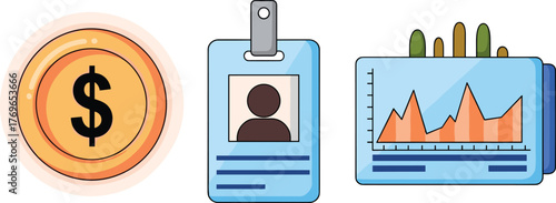 Financial Data Analysis Presentation: Golden Coin, Identity Badge, and Business Chart Displayed for a Corporate Meeting, Financial Planning, or Economic Report, Modern Illustration with Clean Design,