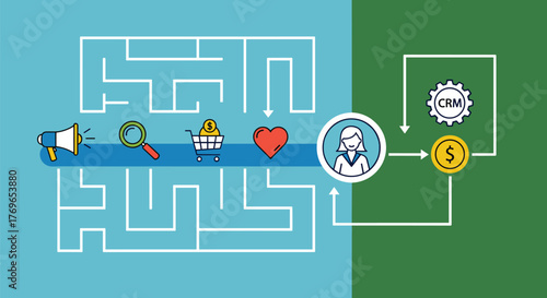 Navigating the Customer Journey Maze: From Marketing Awareness to CRM Conversion and Loyalty, Showcasing Customer Relationship Management Success in a Business Setting, Professional Illustration for P