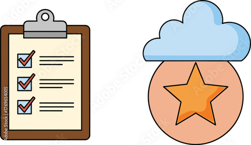 Digital Checklist Completed & Cloud Star Solution, Conceptual Vector Illustration for Successful Project Management & Top Performance, Task List & Cloud Services for Business Strategy & Achieved Goals