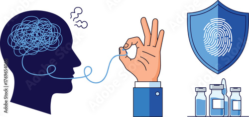 Tangled Thoughts Clarification Through Communication with Fingerprint Security Protection: Modern Conceptual Illustration for Mental Health Support, Brainstorming Solutions in Business, Innovation, an