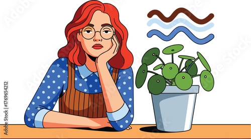 Red-Haired Woman Contemplating Life Next to a Pilea Plant in a Minimalist Room, Expressing Boredom and Isolation, Ideal for Mental Health Campaigns or Botanical Designs, with Flat Vector Art Style for
