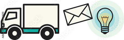Delivery Truck Shipping an Idea via Mail, Representing Express Courier Services for Creative Solutions and Innovations, Modern Conceptual Illustration for Business Presentations (Logistics, Transport,