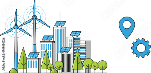 Sustainable Cityscape with Wind Turbines & Solar Panels Symbolizing Renewable Energy for Smart Urban Development, Showing Eco-Friendly Technology in a Modern Landscape for Corporate Responsibility Ini