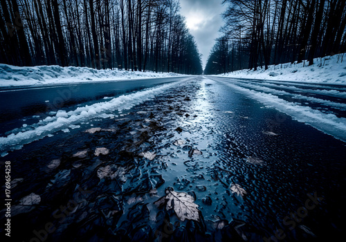 A secluded forest road in winter, melting snow forming icy patches, wet leaves frozen to the ground, a leaden sky promising more snow, dim natural light creating a stark, cold scene.