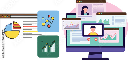 Business Analytics Presentation on Computer with Data Visualization and Video Conferencing, Showcasing Collaboration and Teamwork in a Modern Technology Environment, Perfect for Marketing, Advertising