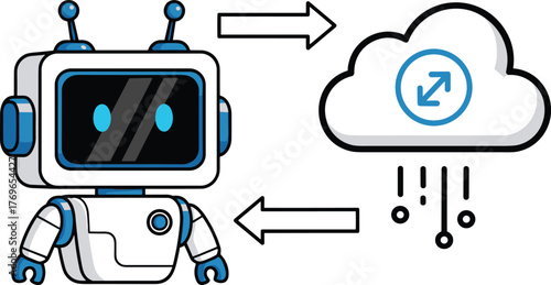 Robot Assistant Transferring Data to Cloud Server for Automation and Machine Learning  in Modern Technology  Setting, Representing Data Processing and Exchange, Digital  Innovation, with Vibrant Color