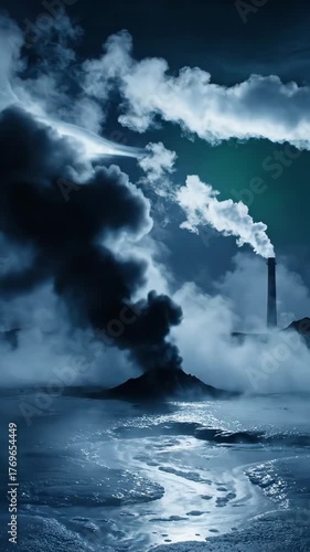 Nighttime Industrial Pollution Loop - A dark, moody shot of a factory smokestack emitting thick white and dark smoke at night, with a misty, geothermal landscape in the foreground.