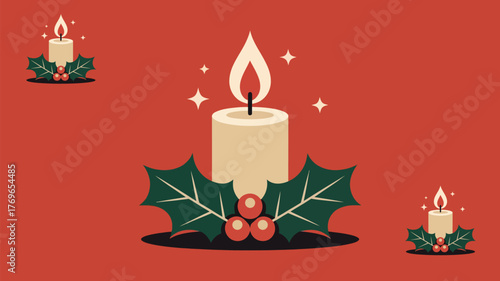 Elegant Christmas candles and holly on warm red backdrop bring a cozy, festive vibe great for holiday greetings and seasonal marketing campaigns.