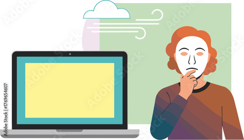 Pensive Person Wearing Mask Contemplating Cybersecurity Issues at Laptop, Facing Digital Identity Threats in a Modern Tech Environment for Business Solutions and Online Privacy Presentation, Illustrat