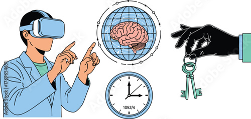 Augmented Reality Immersion for Brain Health Solutions: Man Interacting in Virtual Reality Environment for Cognitive Enhancement, Accessing Mental Well-being Insights, Time Management, and Unlocking P