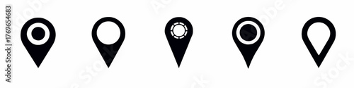 various black location pin icons with different center designs on a white background. Map marker pointer icon set. GPS location symbol collection. Flat style - stock vector.