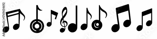 a collection of black musical notes on a white background, including a treble clef and stylized designs. Music notes icon set, Music notes symbol, vector illustration