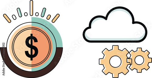 Cloud Computing Finances Automation Illustration, Depicting Cost Optimization and Workflow Integration in a Modern Business Environment, Ideal for Technology Presentations and Financial Marketing Mate