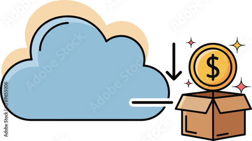 Cloud Computing Investment Strategy: A cartoon cloud transfers digital currency, a sparkling dollar coin, into a box, illustrating cloud economics and finance solutions for modern business operations,