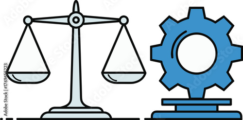 Balance Scales and Gear Icon Representing Regulatory Technology Solution for Business Process Automation, Ensuring Fairness, Justice & Efficiency in Legal & Tech Sectors, Modern Design for Presentatio