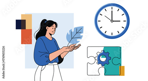 Businesswoman Contemplating Solutions for Time Management and Sustainability in a Modern Office Environment, Promoting Productivity and Efficiency with Innovative Strategies, Ideal for Presentations,