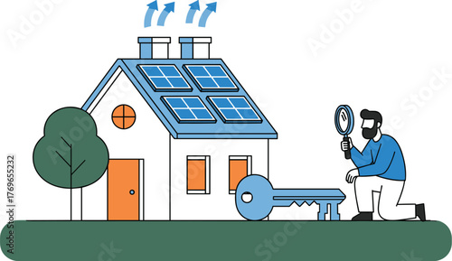 Home Inspector Examining Solar Panels in Modern Sustainable House with Magnifying Glass, Inspecting Energy Efficiency and Eco-Friendly Features for Real Estate Investment & Property Evaluation, Renewa