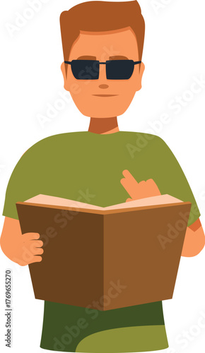 Visually impaired man reading braille book using his index finger