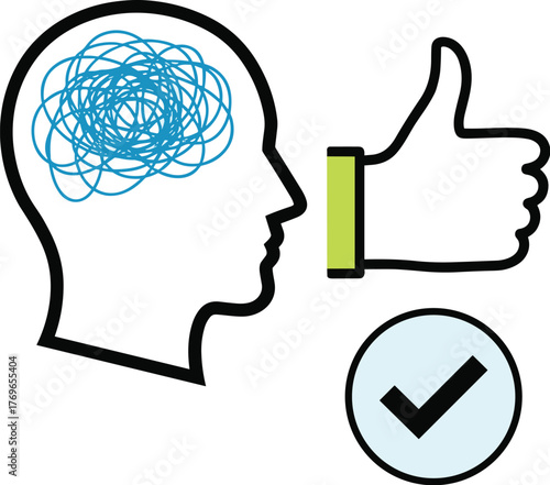 Mental Clarity Achieved: Solving Complex Problems with a Positive Mindset in a Business Setting, Represented by a Head Silhouette with Untangled Thoughts, Thumbs Up, and Check Mark for Project Success