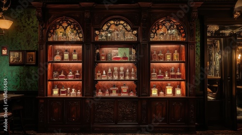 Ornate Wooden Display Shelf Showing Various Perfume Bottles