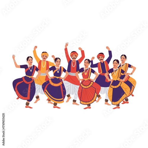 Indian Folk Dance Group Performing Traditional Cultural Celebration Festival Choreography Illustration