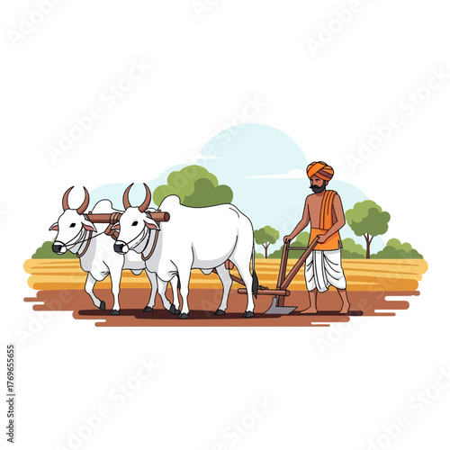Indian Farmer Plowing Field With Oxen In Rural Village Agriculture Lifestyle Scene